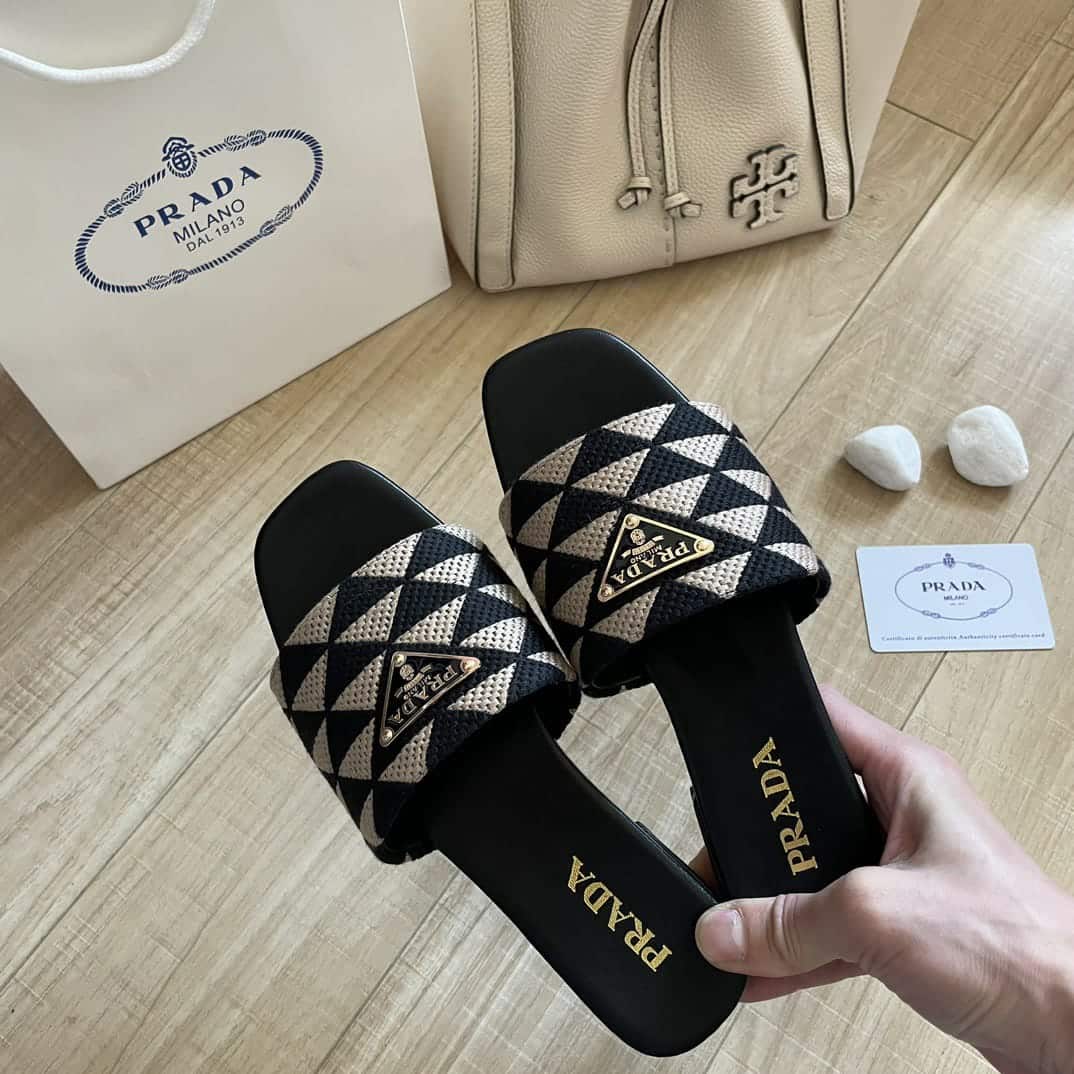 Prada Embroidered Fabric Slides Black White