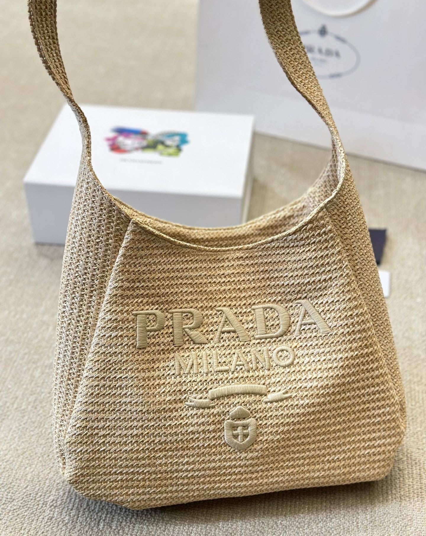 Prada Logo Embossed Raffia Shoulder Bag Beige 33Cm 1Bc186Vouo2A2T