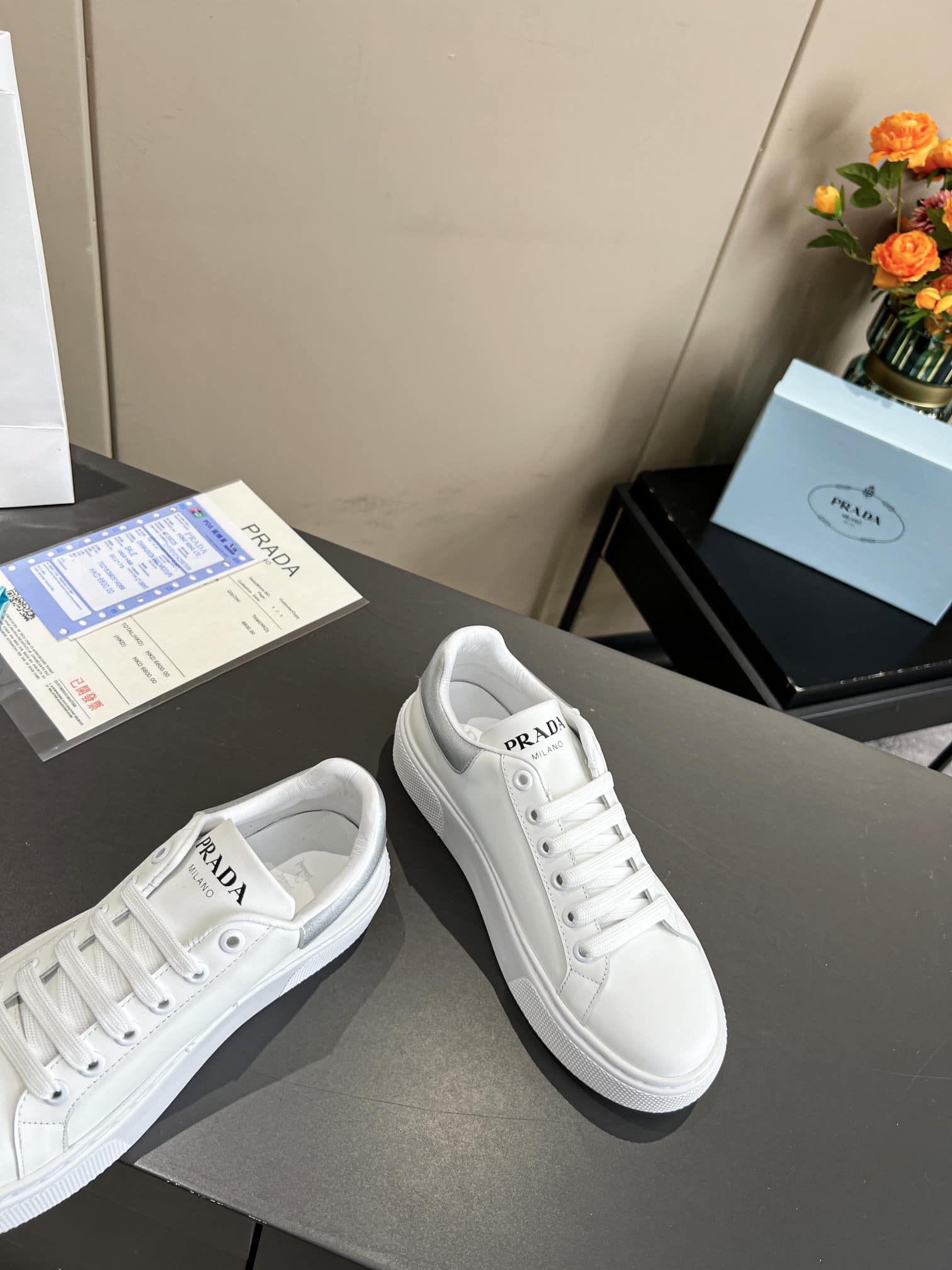 Prada Sneakers In White Leather With Silver Logo
