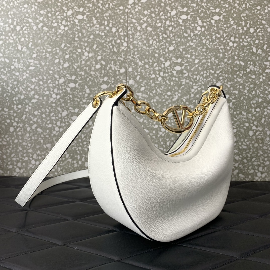 Valentino Garavani Small VLogo Moon Hobo Bag In Grainy Calfskin With Chain White 29Cm 4W2B0N08Jdk 098