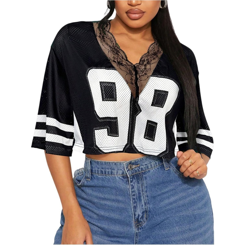 Women's Number Graphic Tees Lace V Neck
