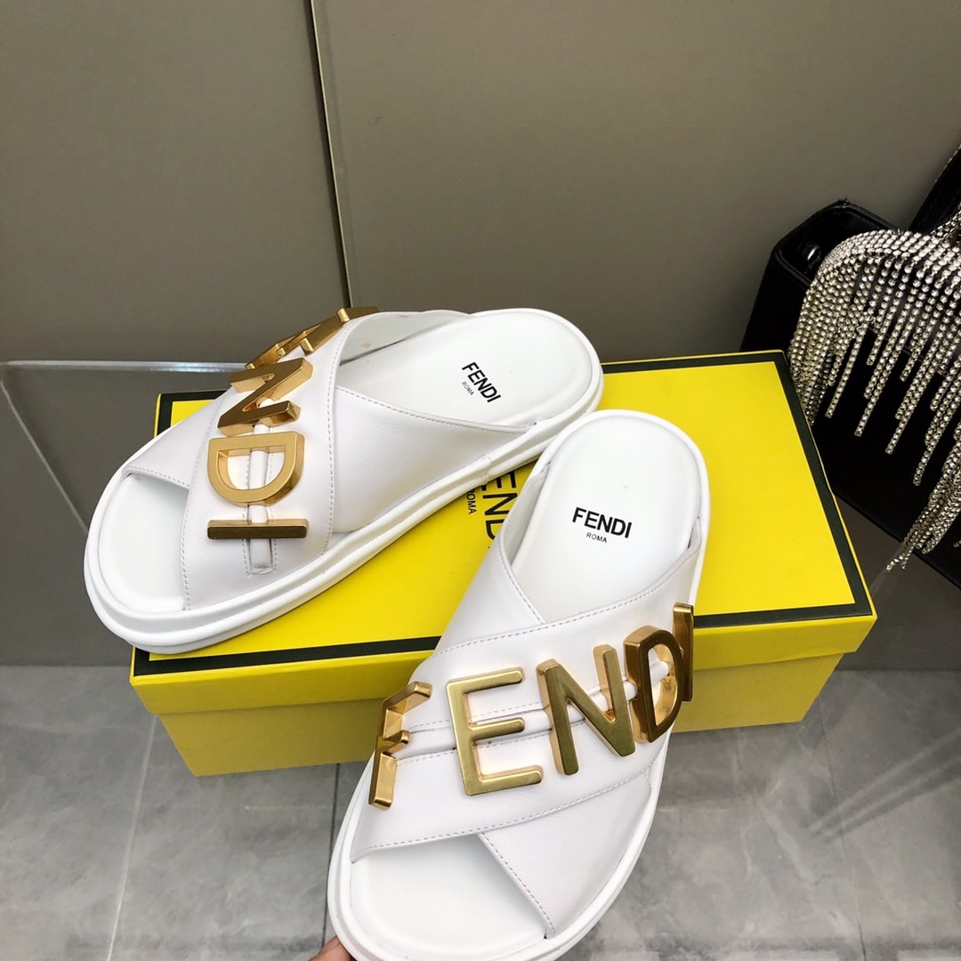 Fendi Fendigraphy Leather Slides White