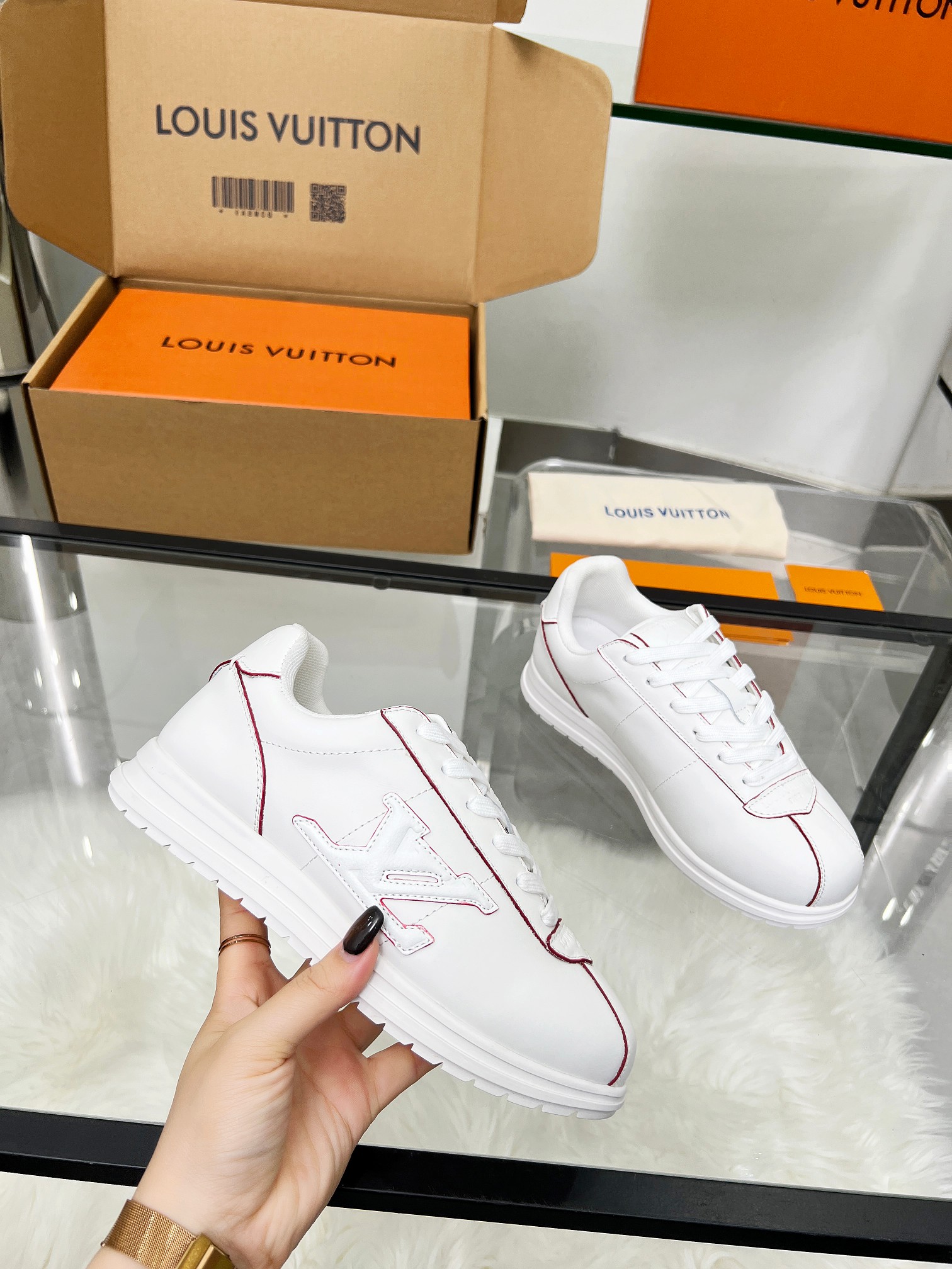 Louis Vuitton LV White Sneakers with Red Stitching – Women’s Shoes