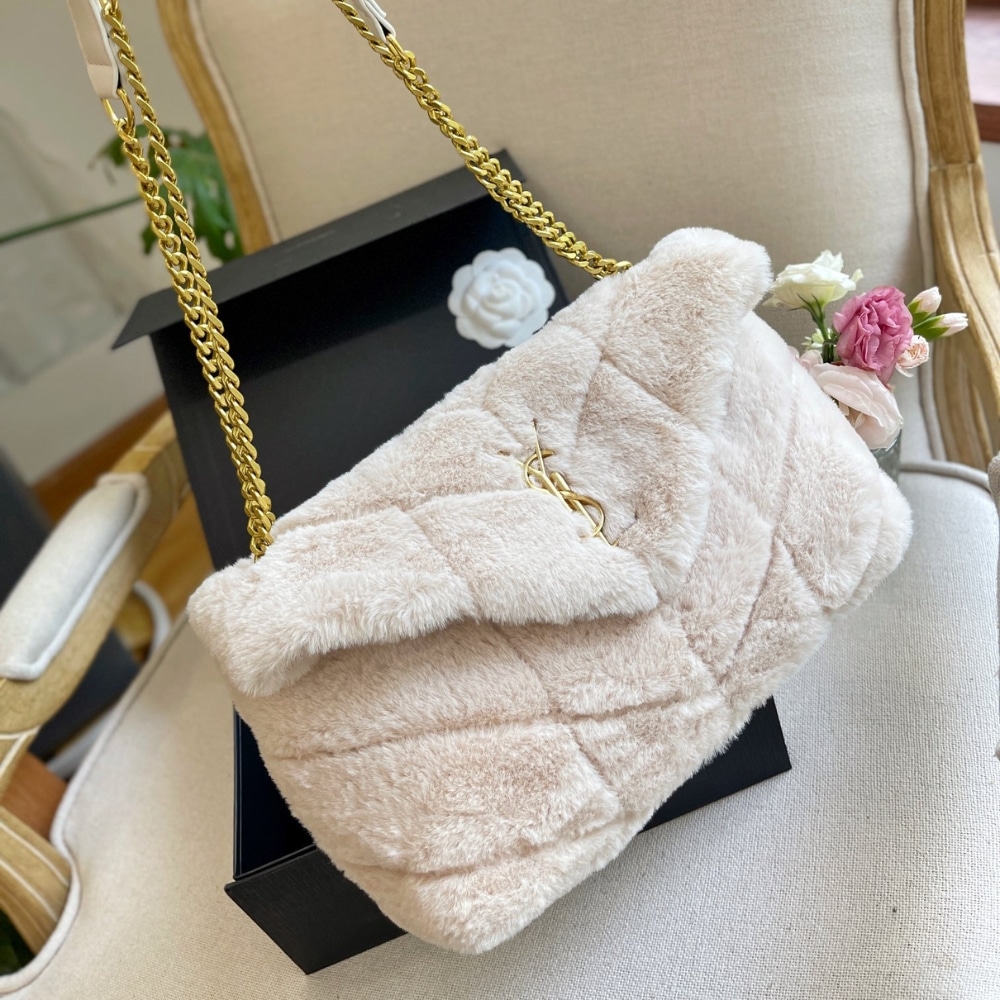 Saint Laurent Puffer Bag In Shearling White 28Cm