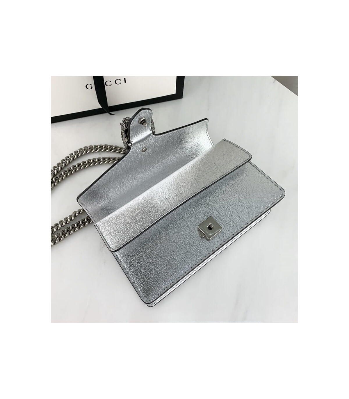 Gucci Dionysus Small Shoulder Bag in Silver Lame Leather
