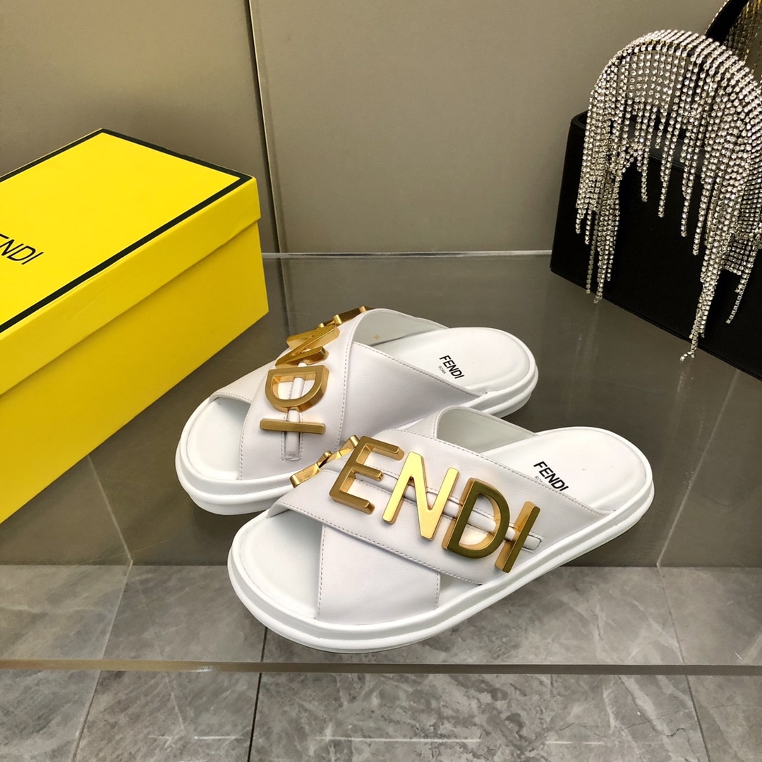 Fendi Fendigraphy Leather Slides White