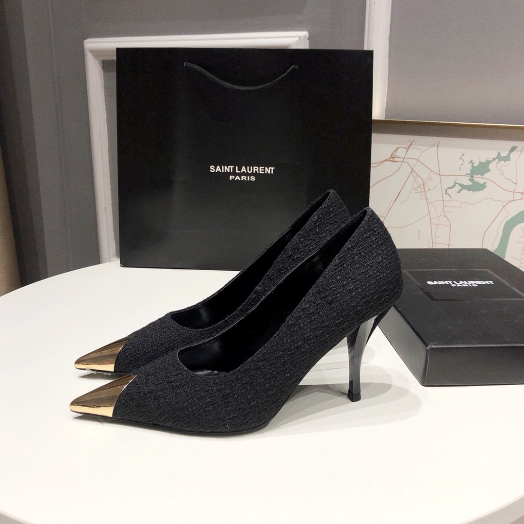 Saint Laurent Vesper Leather Trimmed Bouclé Pumps Black