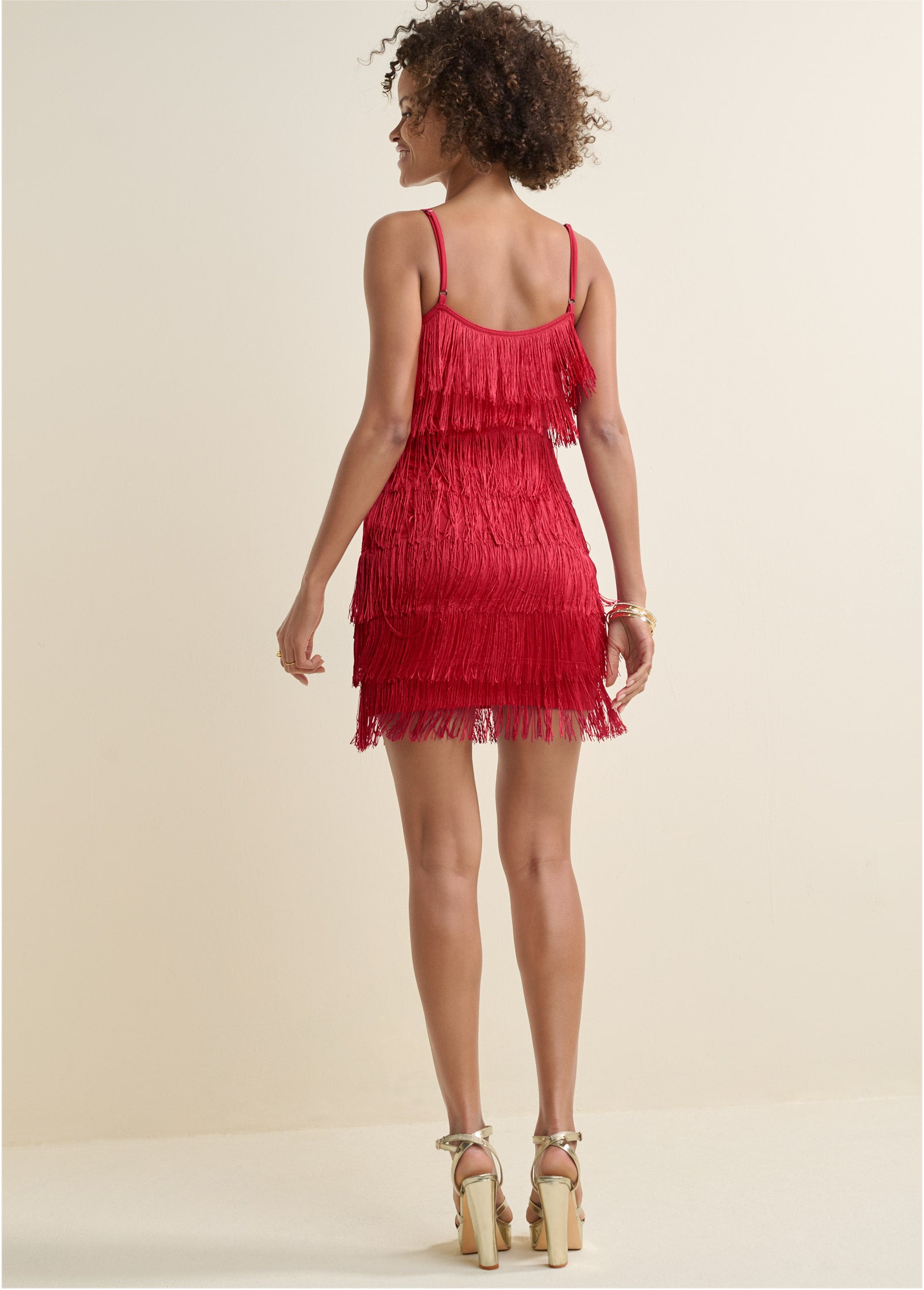 Tiered Fringe Mini Dress – Red