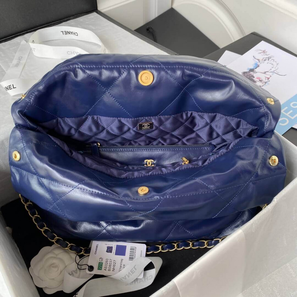 Chanel 22 Small Handbag Shiny Calfskin Blue Gold