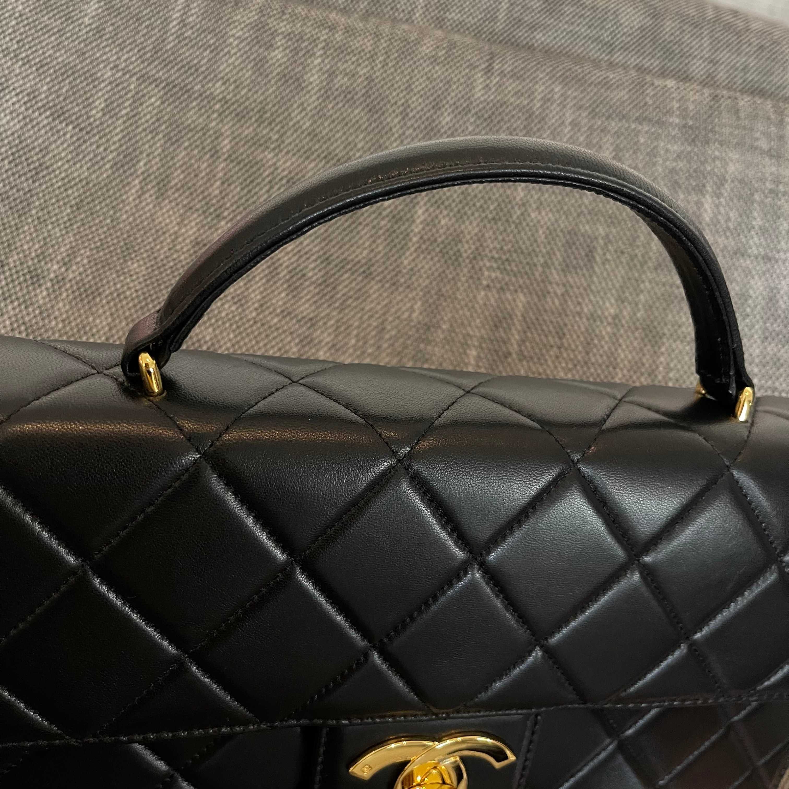 Vintage Black Quilted Calfskin Briefcase Handbag with Gold-Tone Hardware