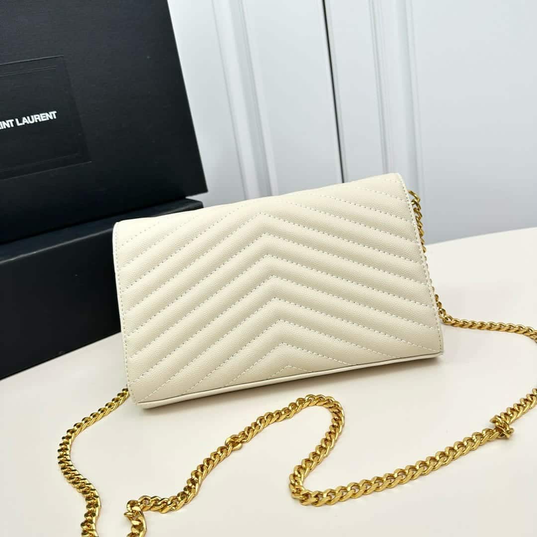 Saint Laurent Classic Cassandre Chain Wallet In Grain De Poudre Leather White 24Cm 377828BOW019207