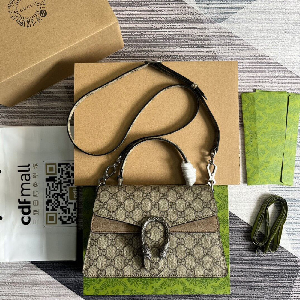 Gucci Small Dionysus Top Handle Bag Taupe Suede Trim