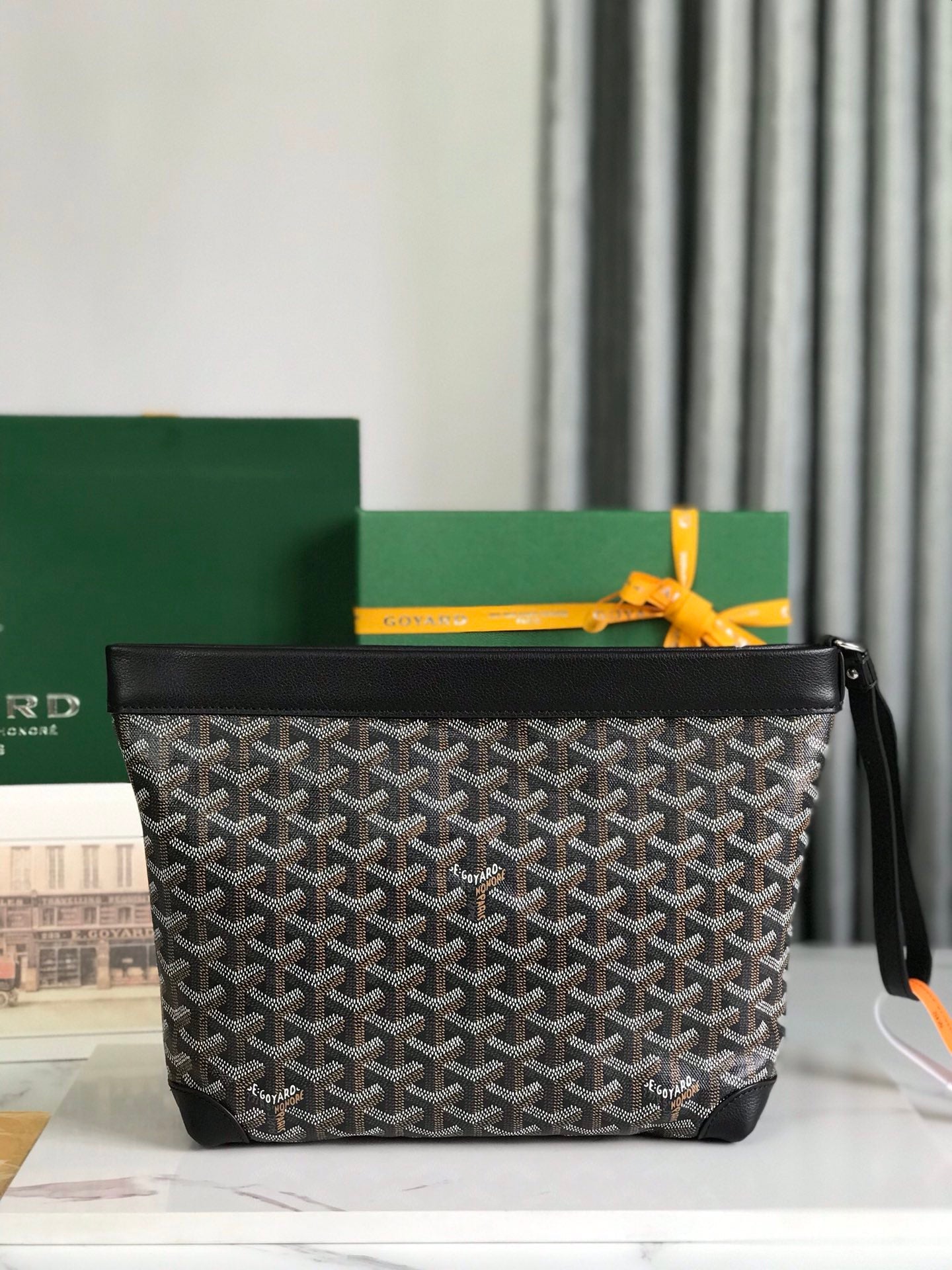 Goyard Conti Pouch 24 Cm Black Lambskin And Goyardine Canvas