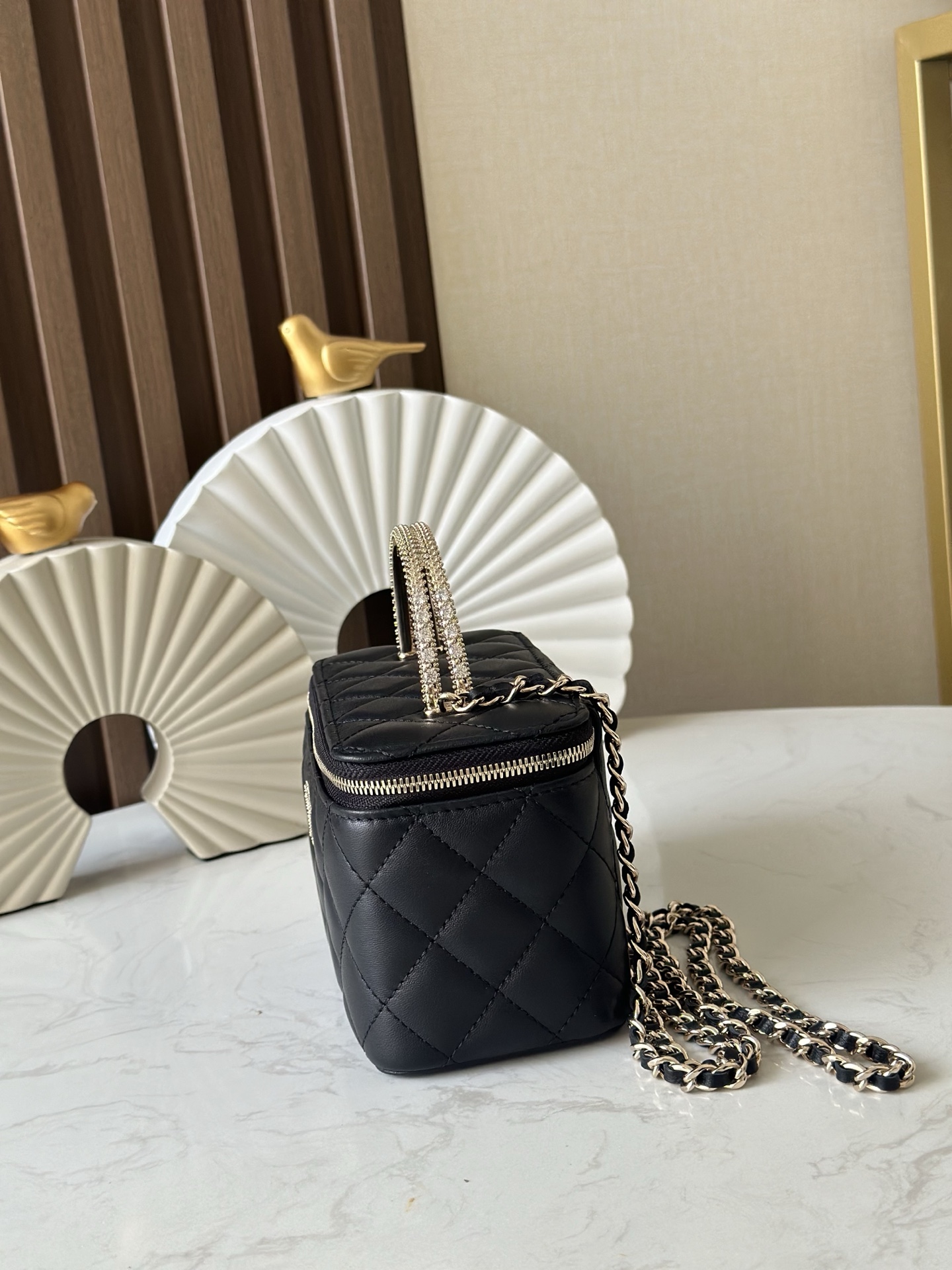 Black Lambskin Quilted Small Vanity Case with Crystal Handle (Model A66068)