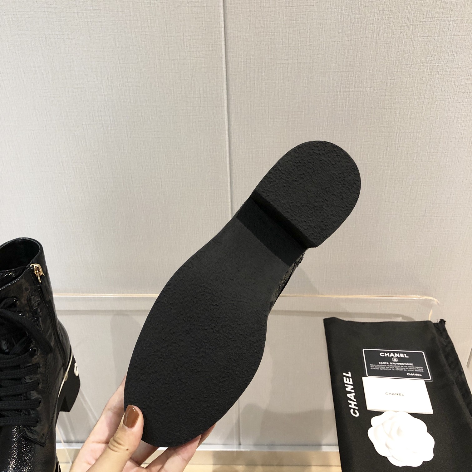 Chanel White Logo Crinkled Leather Combat Boots For Women