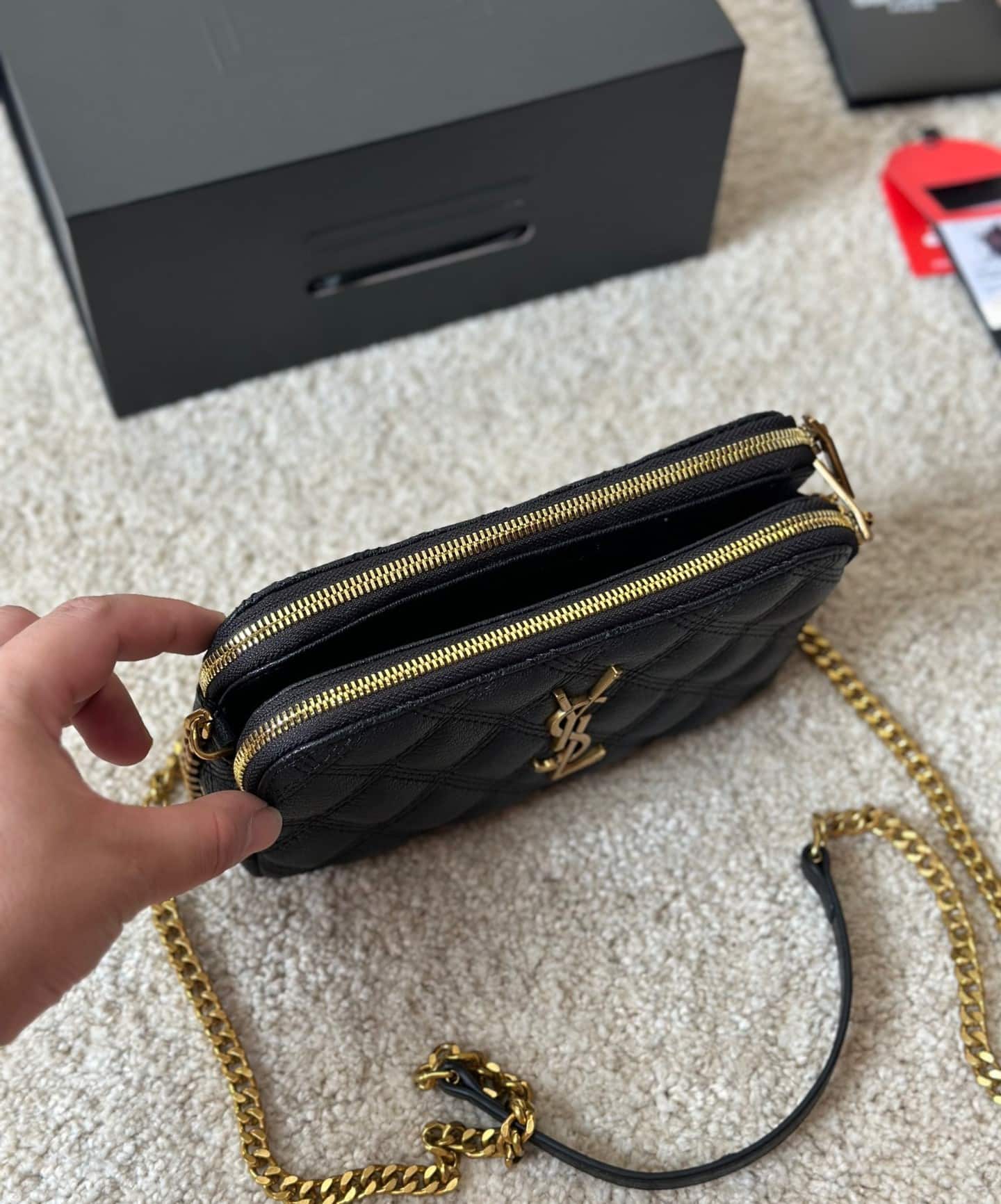 Saint Laurent Becky Quilted Double Zip Pouch Bag Black 20Cm