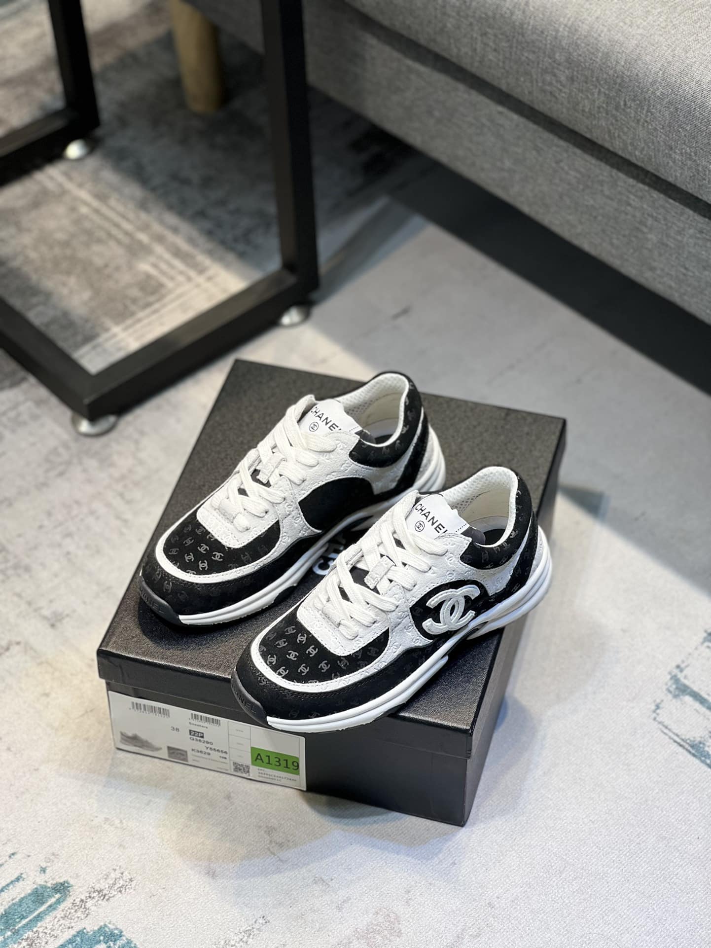 Chanel Cc Embossed Logo Suede Black White