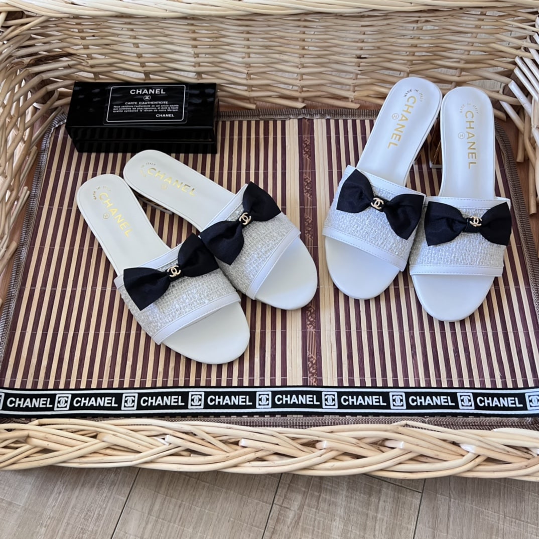 Chanel Grosgrain Ribbon Bow Flat Sandal Tweed White