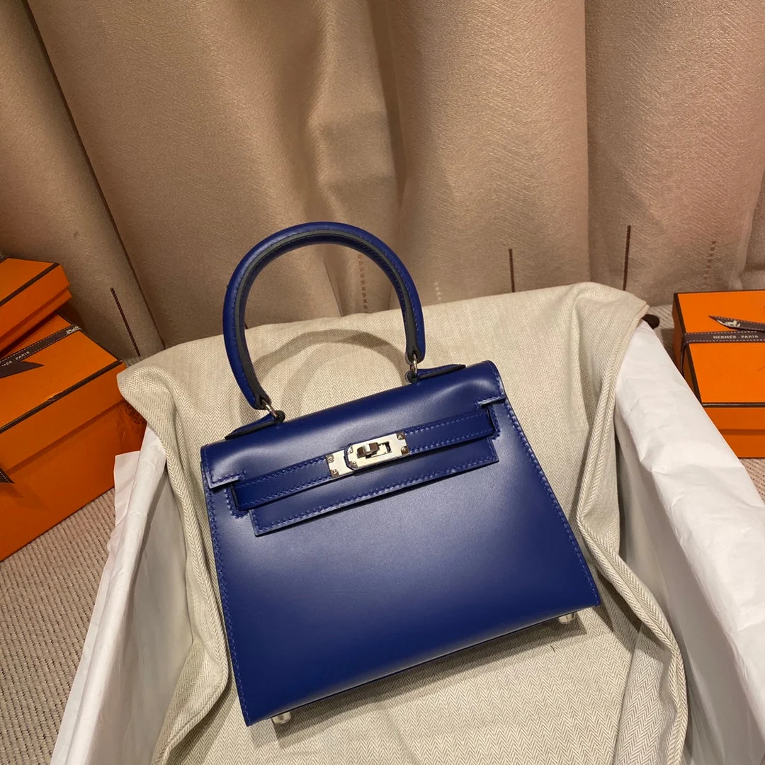 KELLY MINI 20 BAG IN NAVY BLUE SMOOTH CALFSKIN WITH SILVER HARDWARE (MADE - TO - ODER)