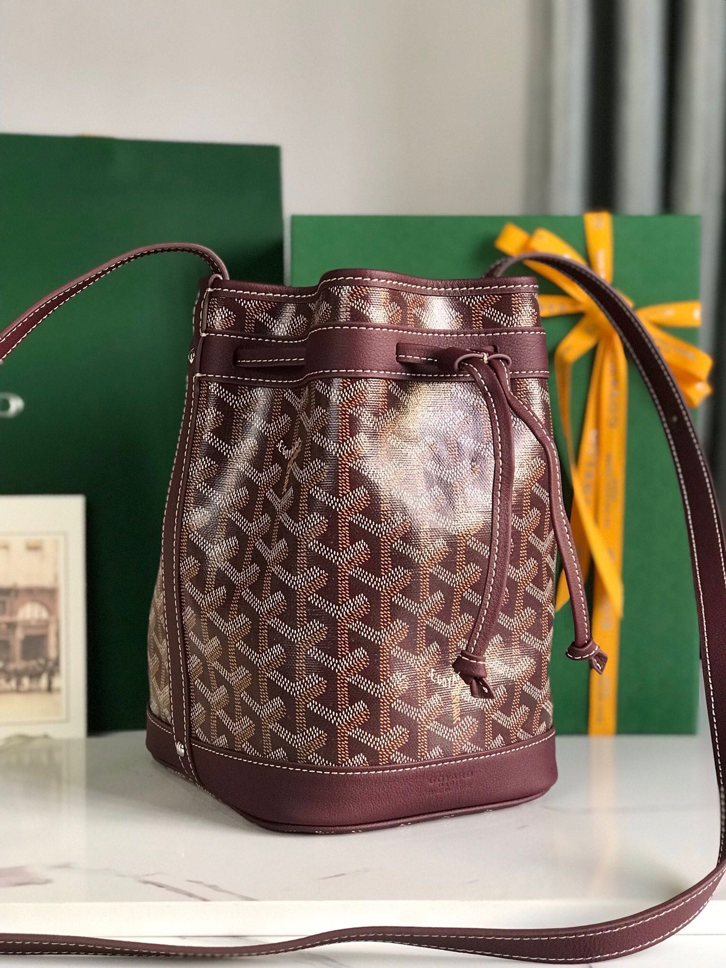 Goyard Petit Flot Bucket Bag 22 Cm Wine Red Goyardine Canvas And Lambskin Trim