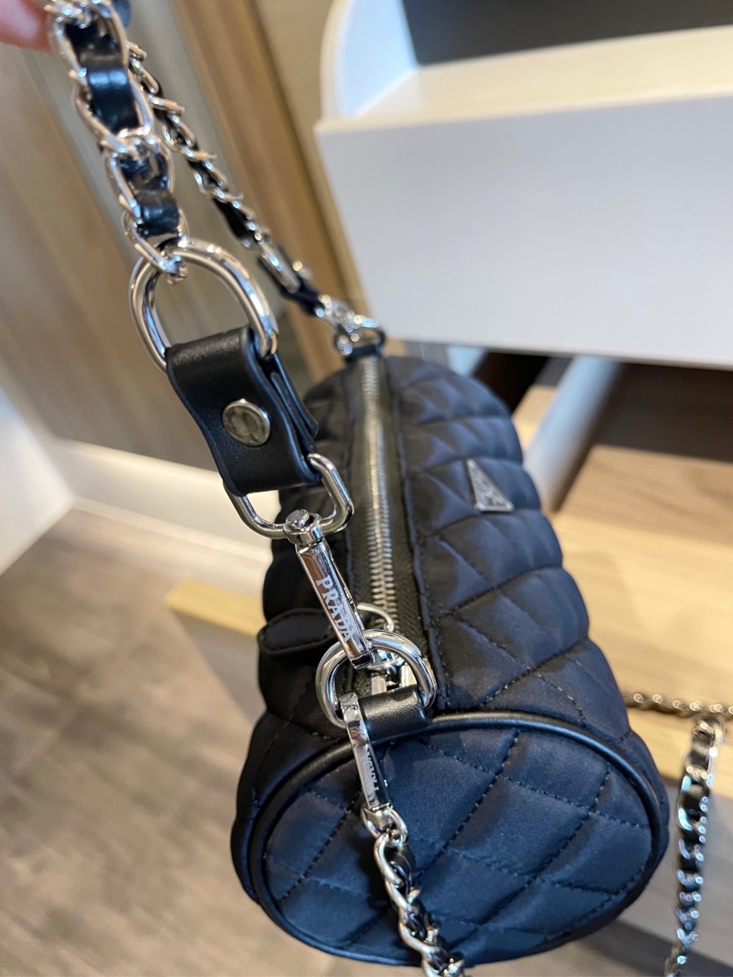Prada Tessuto Black Quilted Barrel Bag Black 20Cm