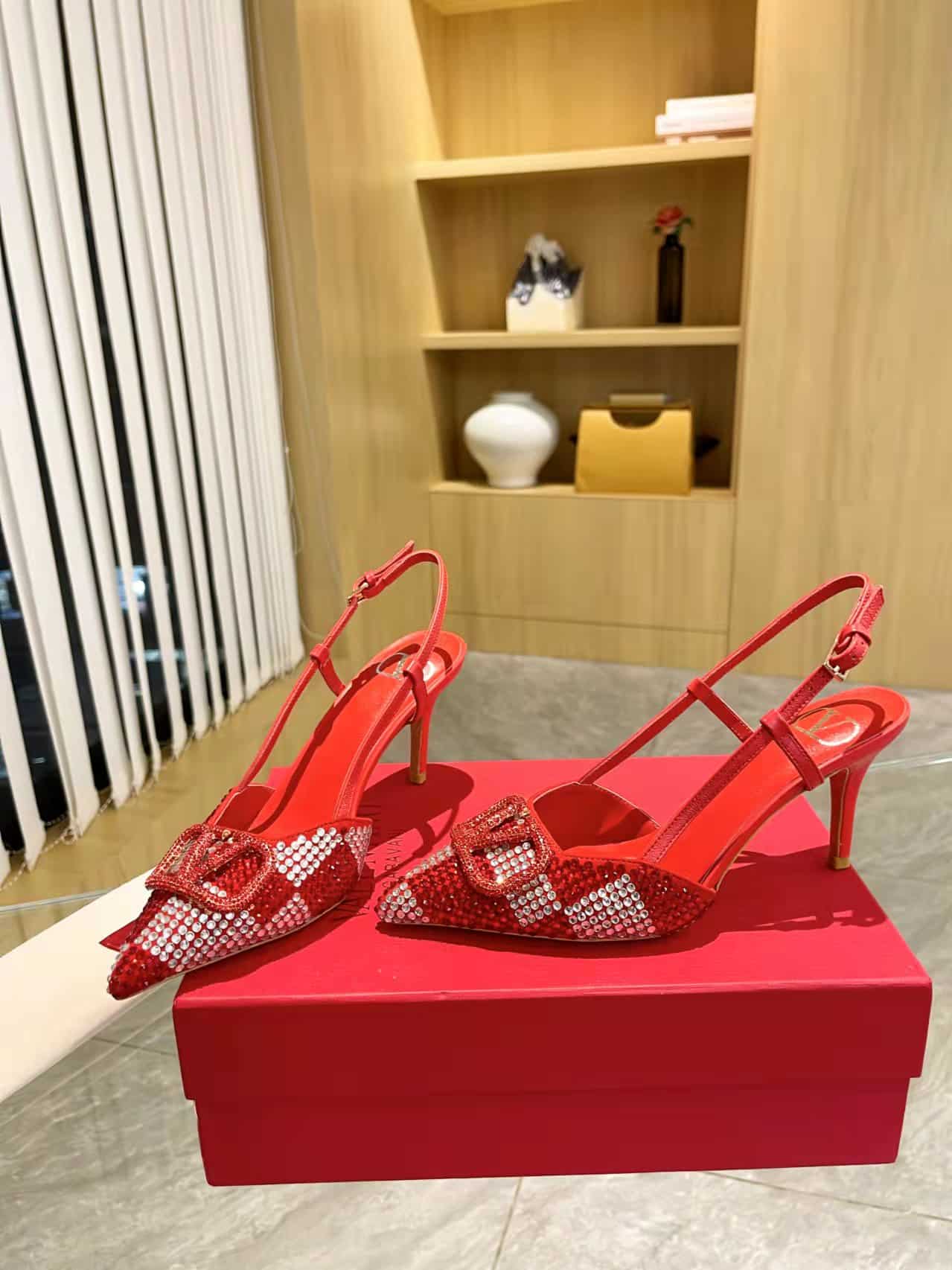 Valentino VLogo Signature Back Strap Crystal High Heels Red