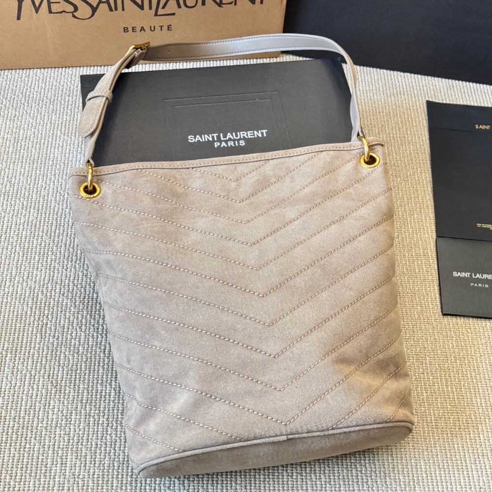 Saint Laurent Niki Supple Bucket In Suede Gray 38cm