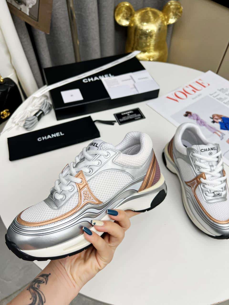 Chanel 23C Silver Metallic Cc Logo Lace Up Flat Runner Trainer Sneaker White Yellow