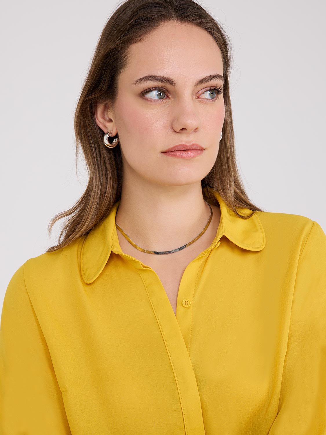 Button-Front Blouse with Tonal Trim Detail