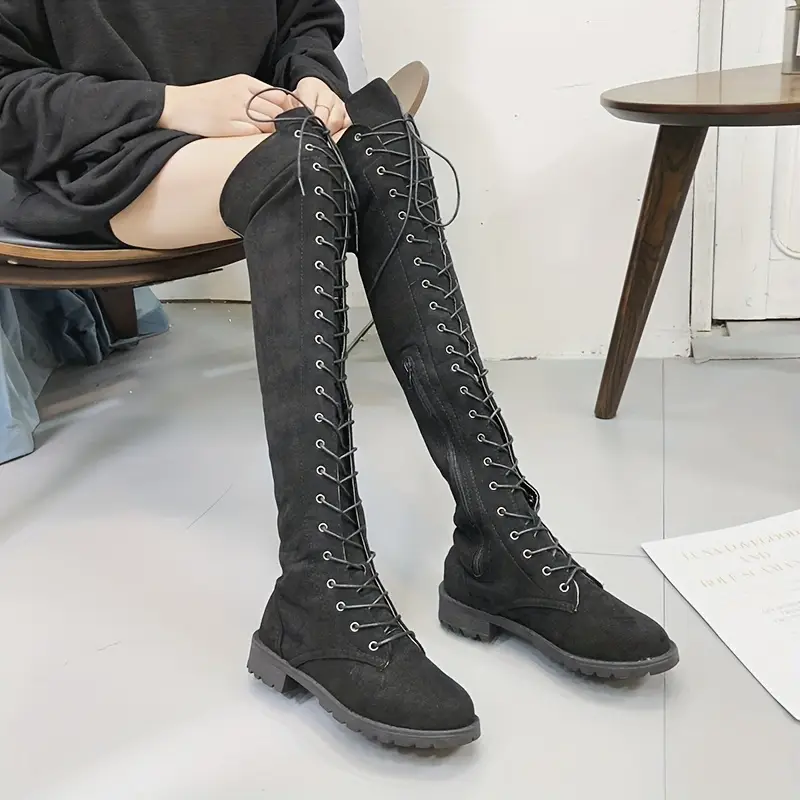Long Boots with Laces and Flat Bottom Over-the-Knee