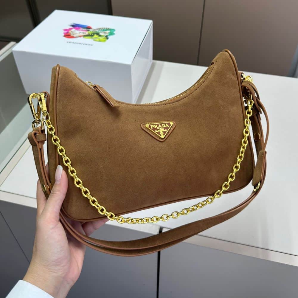 Prada Re Edition Mini Suede Shoulder Bag Brown 28Cm