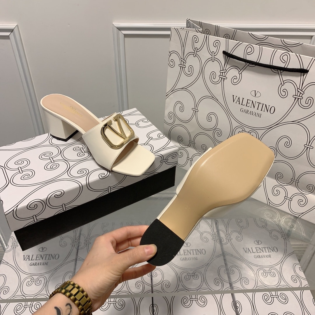 Valentino VLogo Signature Square-Toe Mid-Heel Slide Sandals – White