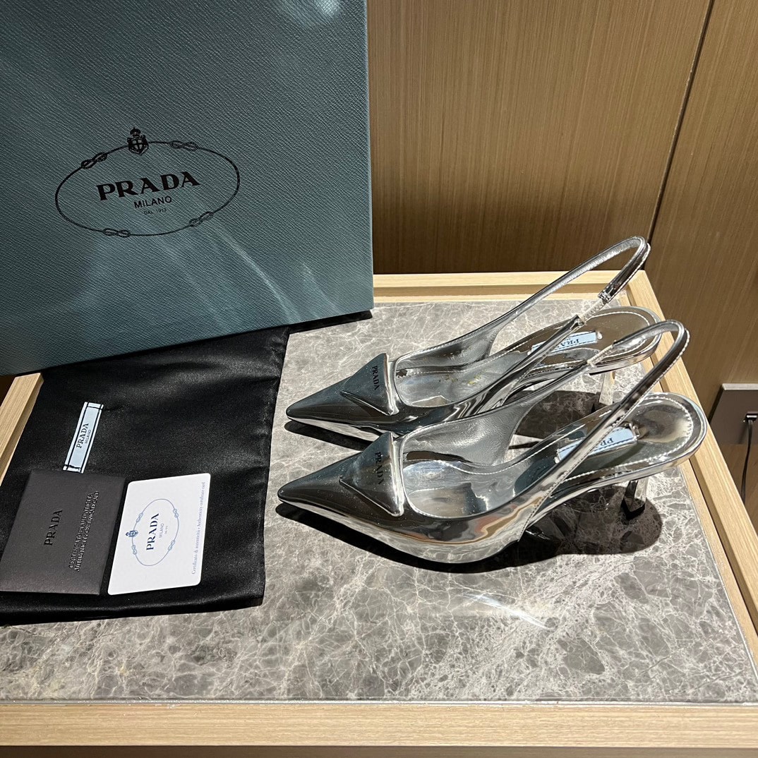 Prada Brushed Leather Slingback Pumps Silver