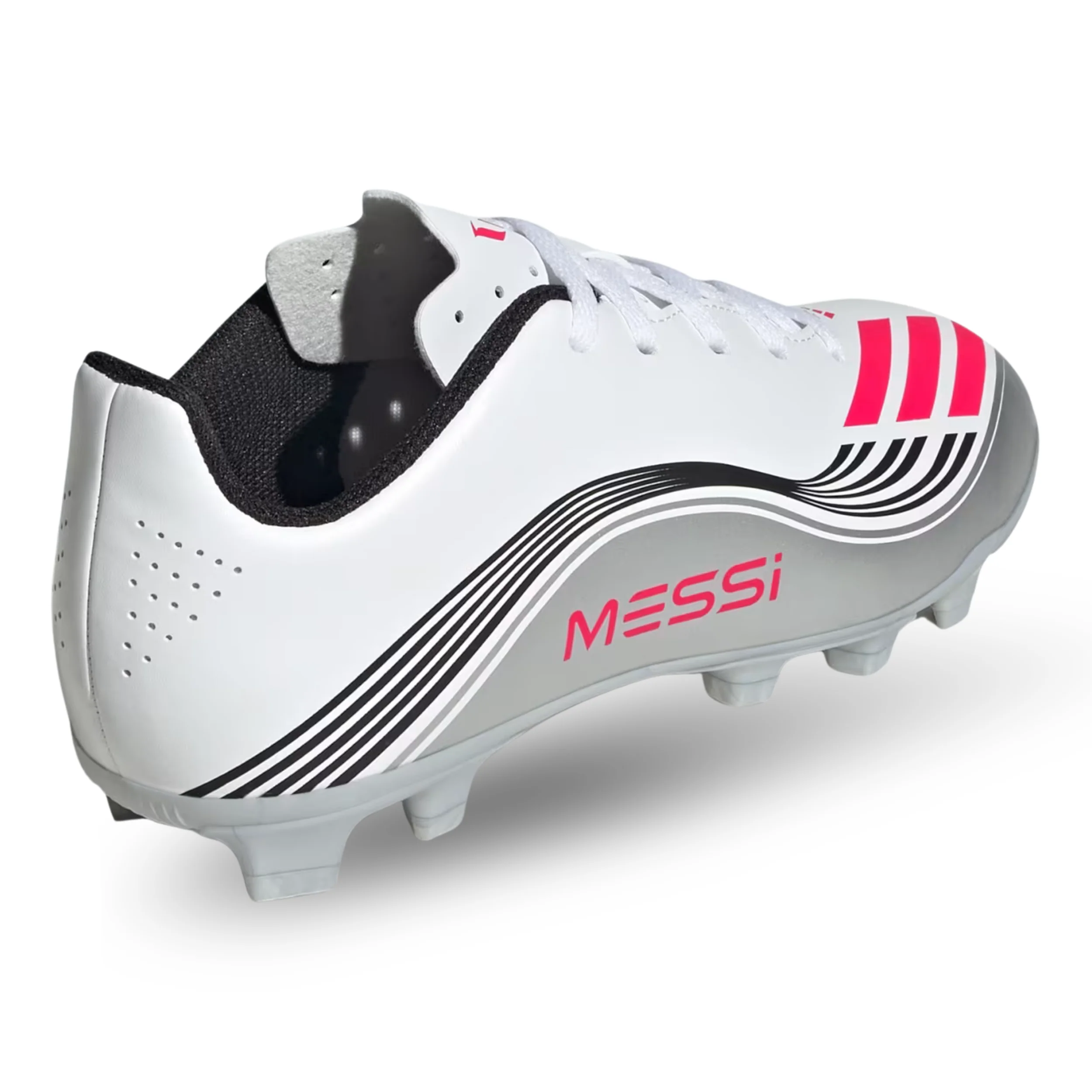 adidas Youth F50 Messi Club FG/MG Junior Soccer Cleats (White/Lucid Red/Silver Metallic)