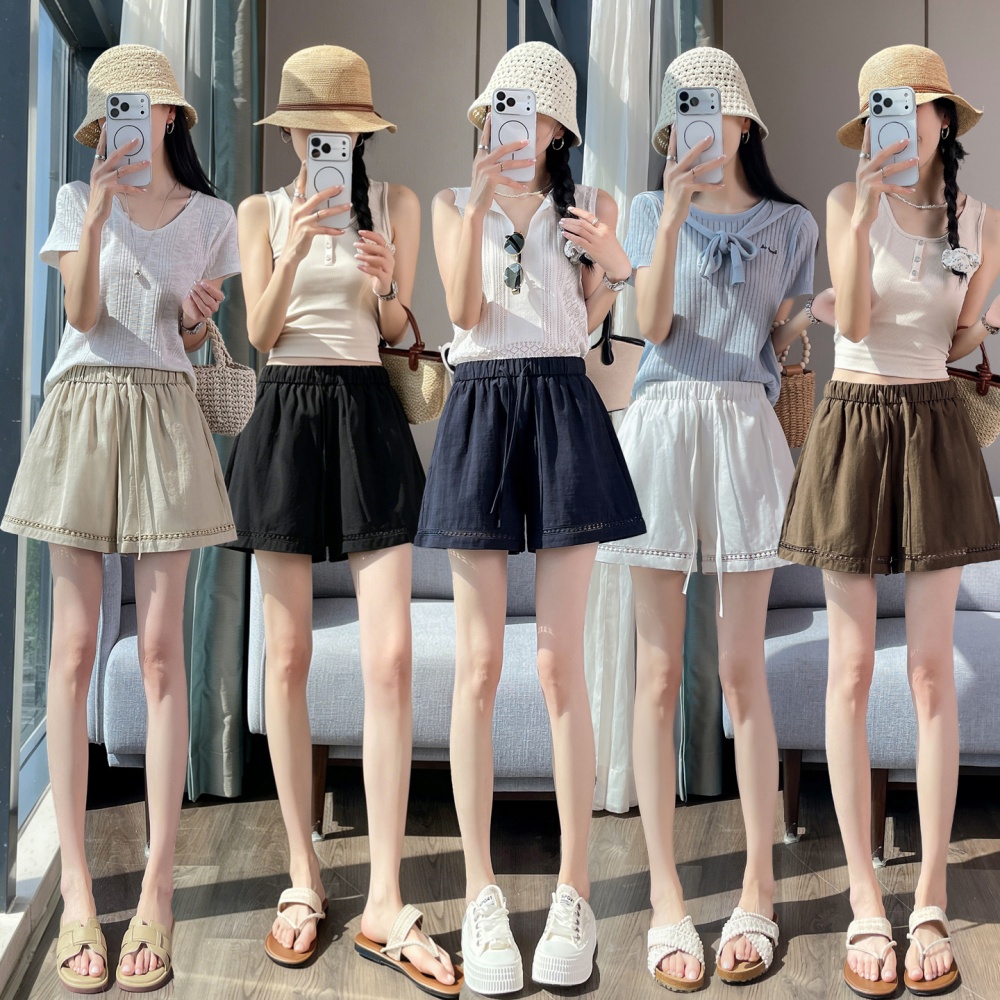 Hollow wide leg pants A-line cotton linen shorts for women