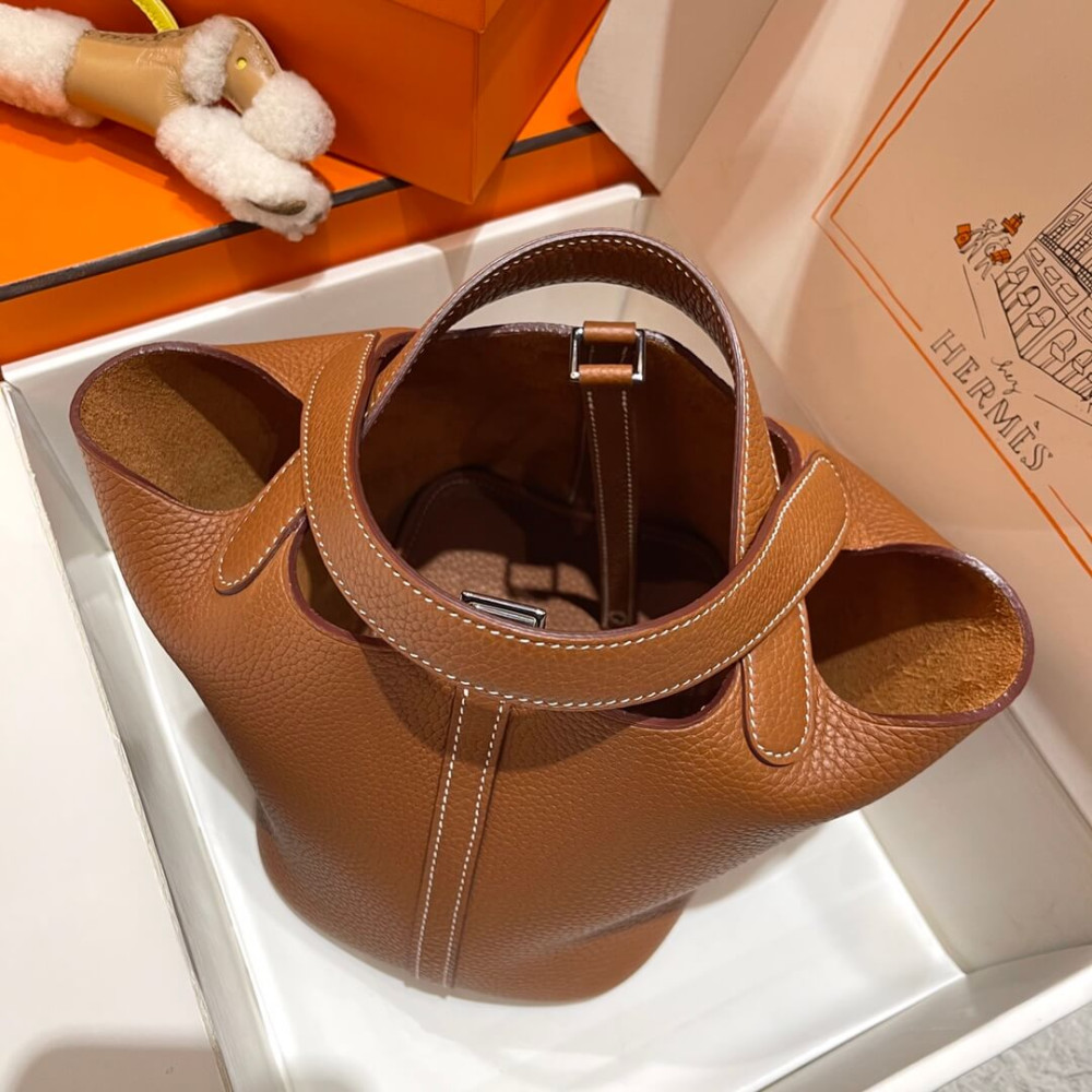 Hermes Picotin Lock Bag In Taurillon Clemence Gold Brown 22Cm