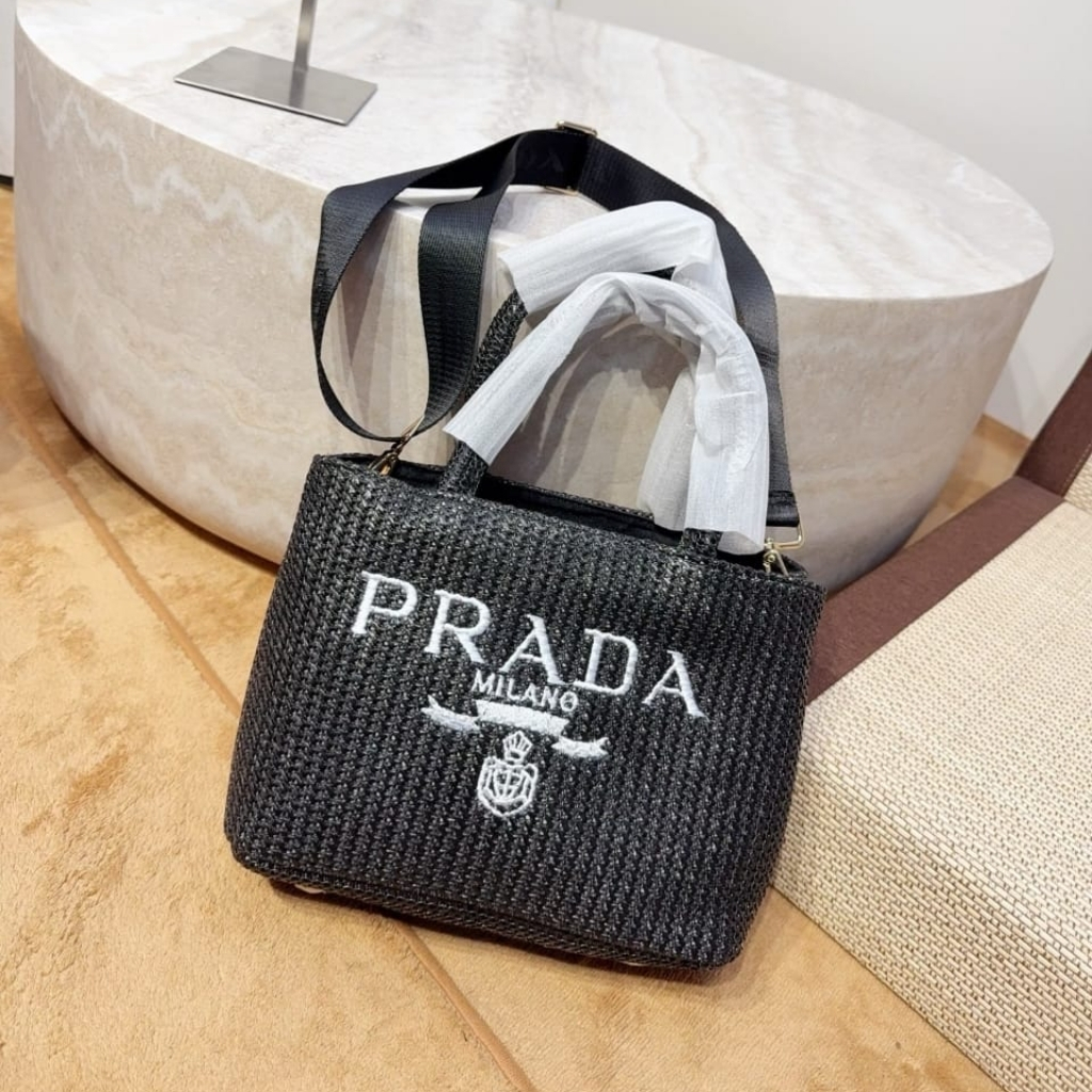 Prada Small Crochet Tote Bag Raffia In Black 26cm 1BG422 2A2T F0002 V OOL