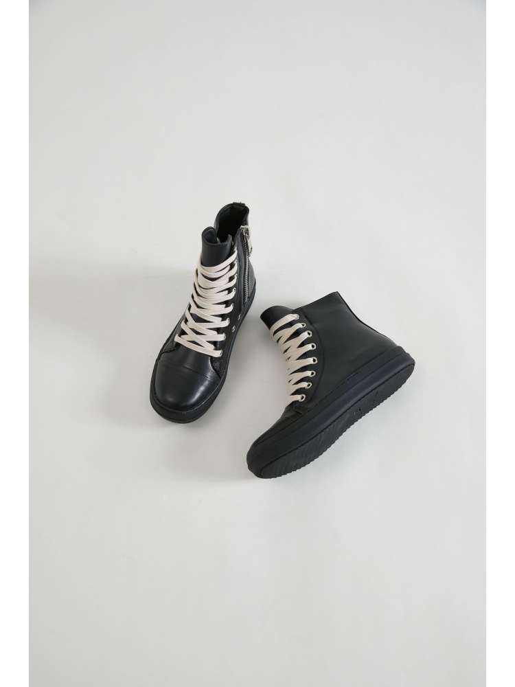 PU Zipper Lace Up Flat Heel High Top Sneaker
