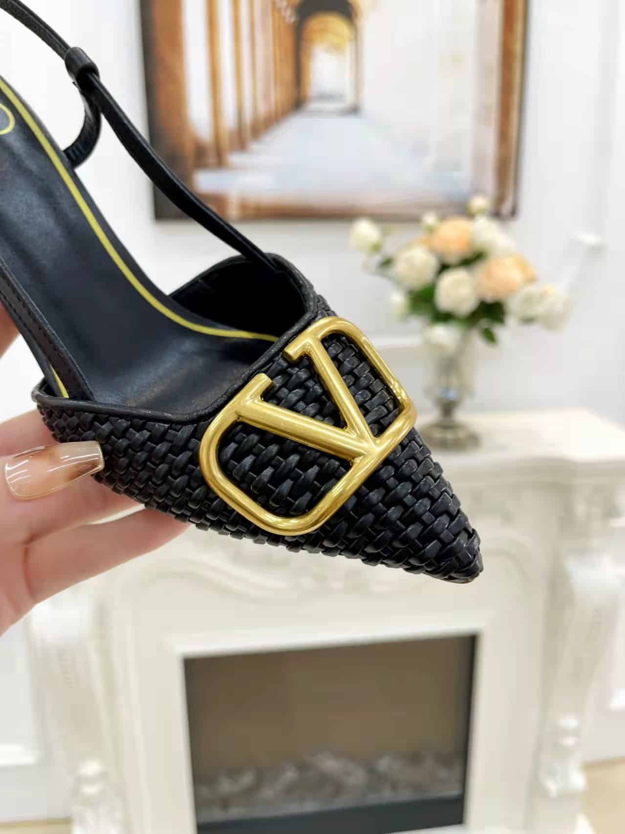 Valentino Garavani Vlogo Woven Leather Slingback Pumps Black