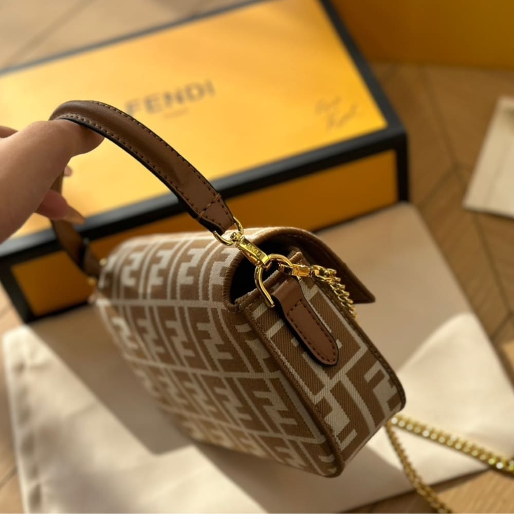 Fendi Baguette Mini Ff Jacquard Fabric Bag Beige 21cm