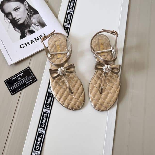Chanel Gold Quilted Leather With White Camellia Cc Logo Bow Thong Sandals