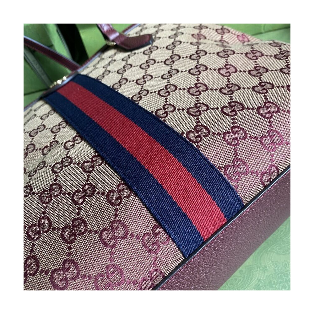 Gucci Ophidia Medium Tote With Web in Burgundy GG Canvas