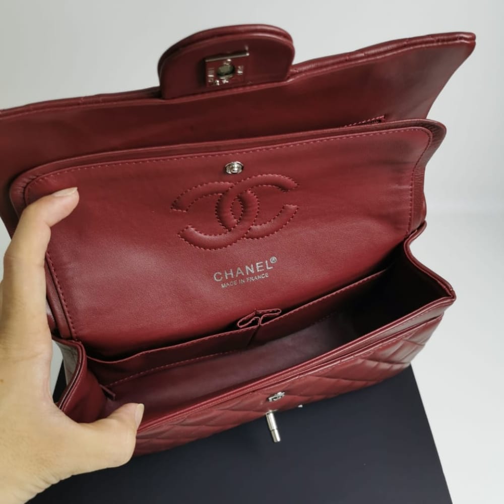 Chanel Medium Classic Flap Bag Silver Hardware Burgundy 25Cm A01113