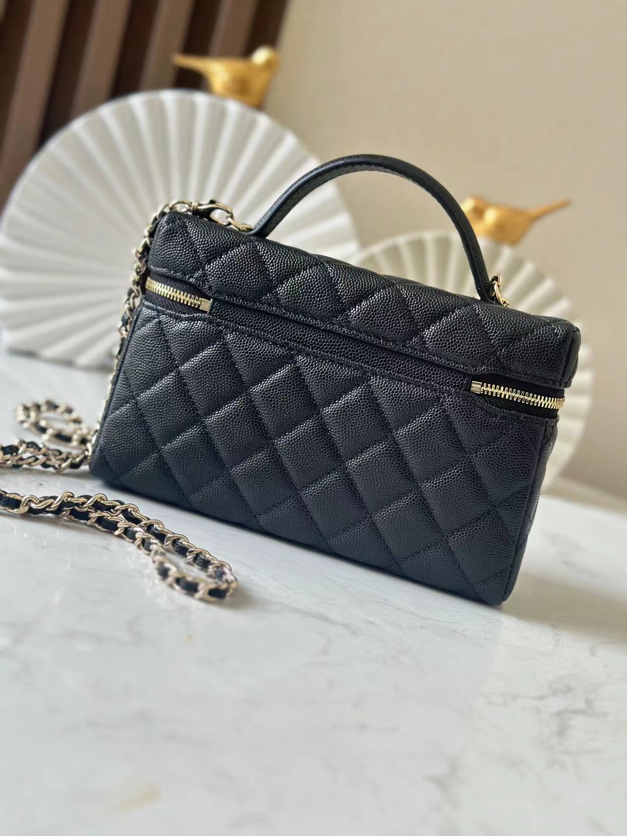 Black Caviar Quilted Long Vanity Case (LP Style) with Gold Hardware