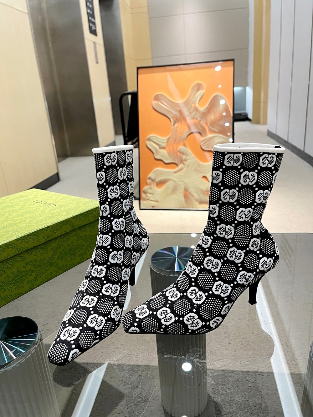 Gucci Gg 75Mm Knit Ankle Boots Black White Fabric 718378 Faaqp 1008