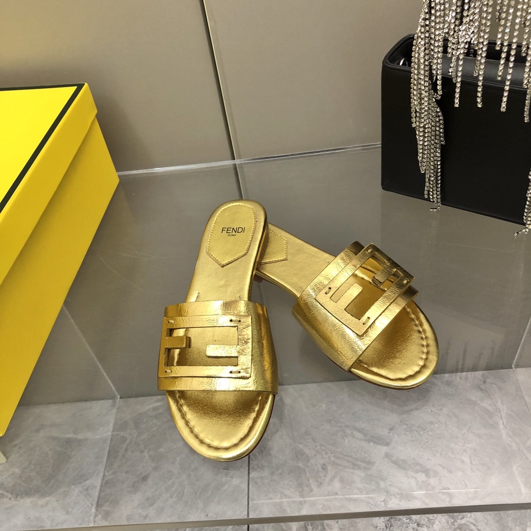 Fendi Baguette Gold Nappa Leather Slides 8R8136Ai16F0Xv6