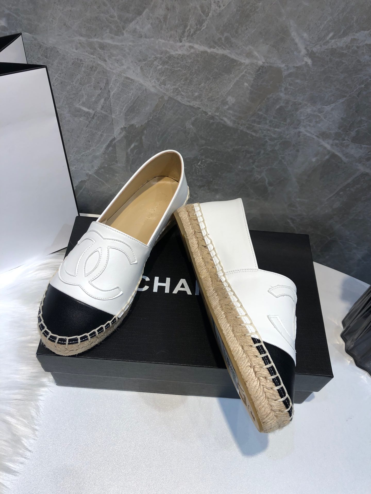 Chanel Embroidered Espadrille Leather Black Cap Toe Flats White CC