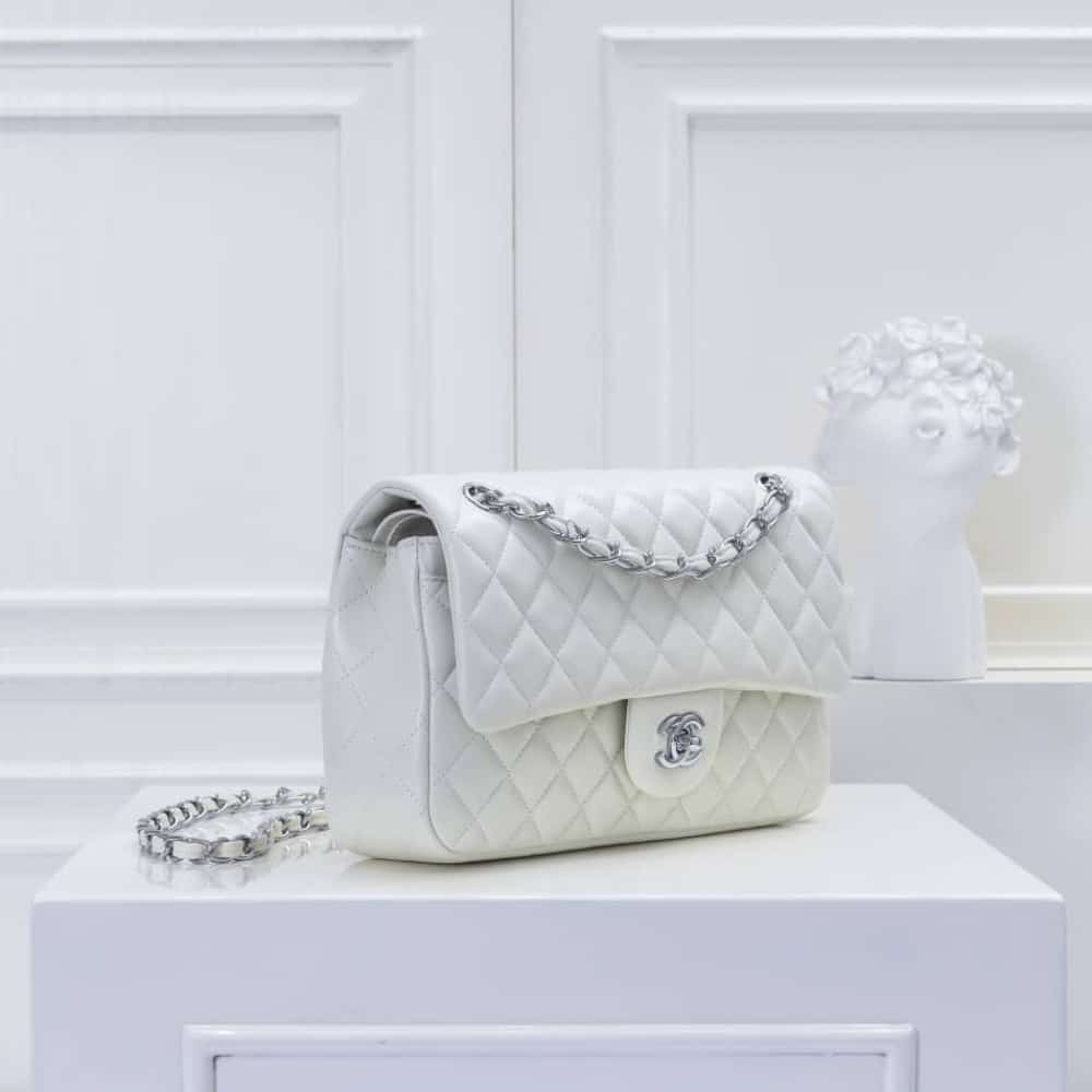 Chanel Classic Double Flap Bag White Silver Hardware 25cm