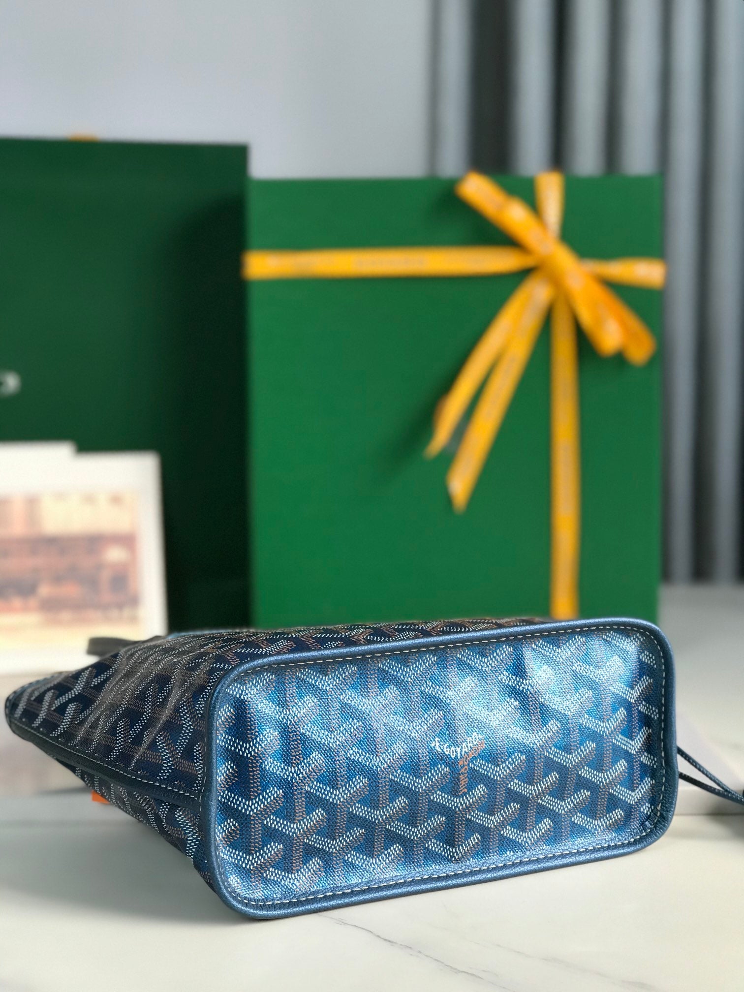 Goyard Anjou Mini Bag 20Cm Deep Blue Canvas Chevroches Calfskin
