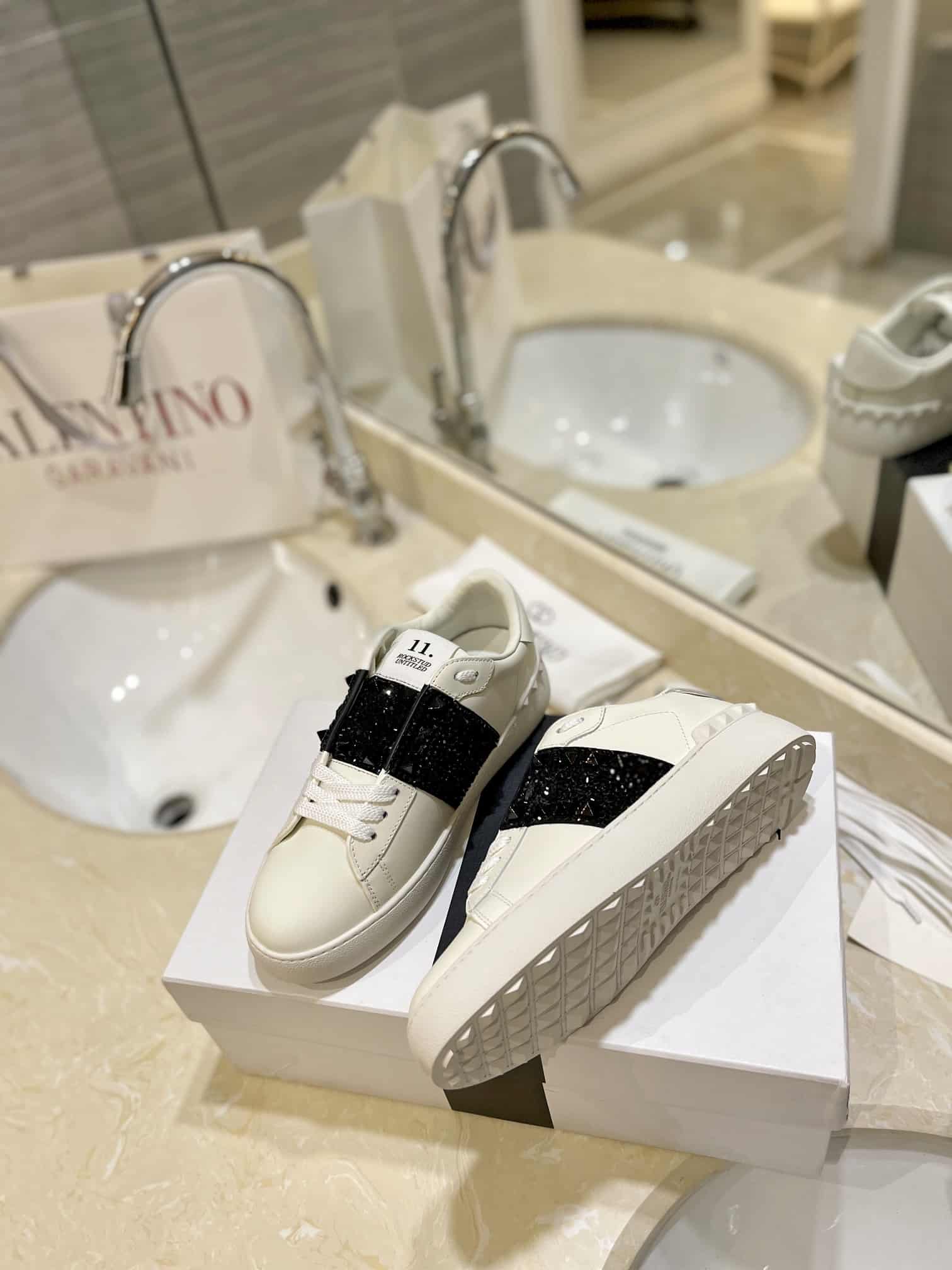 Valentino Garavani Rockstud Untitled Crystal Embellished Leather Sneakers Black